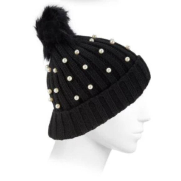 NWT Marcus Adler Black Knit Faux Pearl And Beaded Bling Warm & Comfy Beanie Hat - Picture 2 of 6